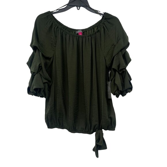 Vince Camuto Size M Off The Shoulder Bubble Sleeve Tie Front Blouse Green NWT - Picture 1 of 13